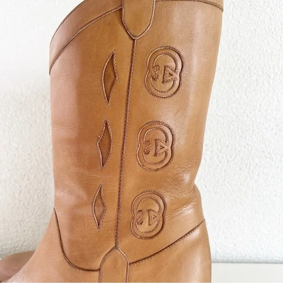 Vintage Gucci Cowboy Western Boots Interlocking GG Logo Tan Beige Size US 6.5 - Picture 2 of 13